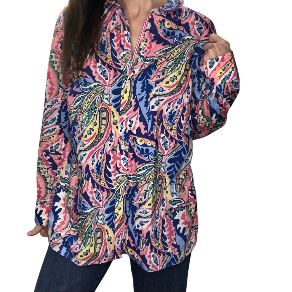 Talbots Sz XL Colorful Button Down Top Shirt Cotton Abstract Paisley L/S Maximal